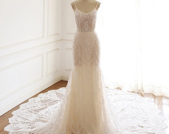 Mermaid Wedding Dress - Champagne Wedding Gown - Spaghetti Straps Wedding Dress - Lace Wedding Gown with Beadings- Sexy Trumpet Dress