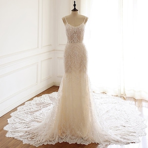 Mermaid Wedding Dress - Champagne Wedding Gown - Spaghetti Straps Wedding Dress - Lace Wedding Gown with Beadings- Sexy Trumpet Dress