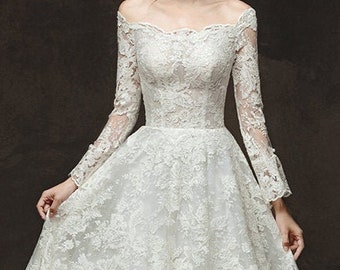 A-Linie Brautkleid - Schulterfrei - Langarm Brautkleid - Brautkleid voller Spitze - Brautkleid aus Spitze - Perlenhochzeitskleid
