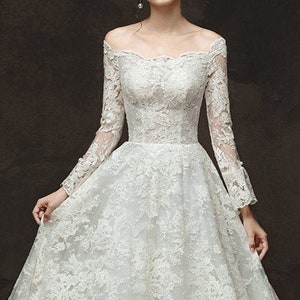 A-line Lace Wedding Dress - Off the Shoulder - Long Sleeve Wedding Dress - Full Lace Bridal Gown - Lace Wedding Gown - Beaded Wedding Dress