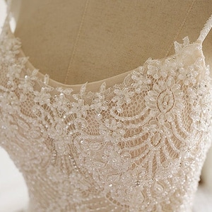 Mermaid Wedding Dress - Champagne Wedding Gown - Spaghetti Straps Wedding Dress - Lace Wedding Gown with Beadings- Sexy Trumpet Dress