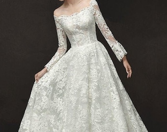 A-Linie Brautkleid - Schulterfrei - Langarm Brautkleid - Brautkleid voller Spitze - Brautkleid aus Spitze - Perlenhochzeitskleid