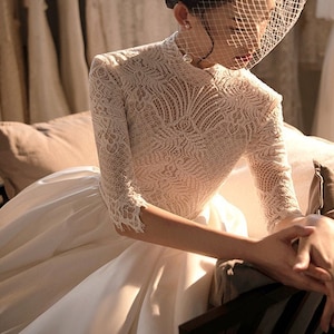 High Collar Wedding Dress - Long Sleeve Wedding Dress - Ball Gown - Lace Wedding Gown - Satin Skirt - Beaded Lace Top Ball Gown - Bridal