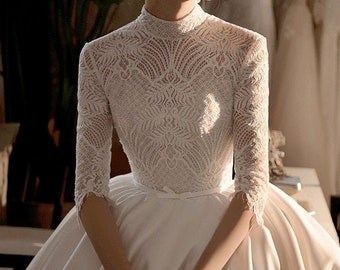 High Collar Wedding Dress - Long Sleeve Wedding Dress - Ball Gown - Lace Wedding Gown - Satin Skirt - Beaded Lace Top Ball Gown - Bridal