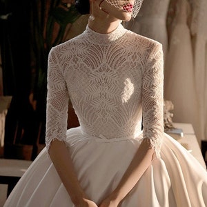 High Collar Wedding Dress - Long Sleeve Wedding Dress - Ball Gown - Lace Wedding Gown - Satin Skirt - Beaded Lace Top Ball Gown - Bridal