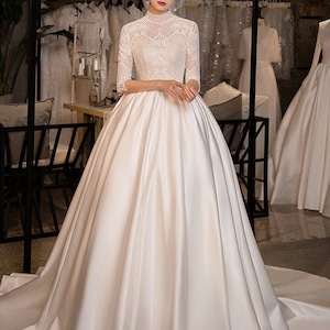 High Collar Wedding Dress - Long Sleeve Wedding Dress - Ball Gown - Lace Wedding Gown - Satin Skirt - Beaded Lace Top Ball Gown - Bridal