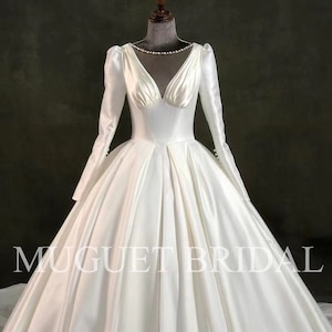 Deep V Long Sleeve Satin Wedding Dress - Pearl Beaded - Boat Illusion Neck Satin Ball Gown Wedding Dress- Vintage Satin Wedding Dress