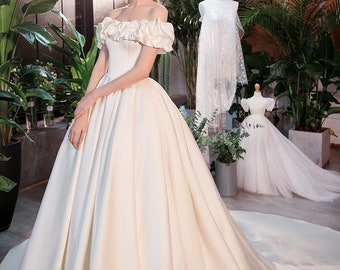 Off the shoulder satin ball gown, 3D flower wedding dress, simple wedding dress, ivory bridal gown, classic wedding gown, custom dress