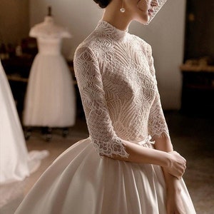 High Collar Wedding Dress - Long Sleeve Wedding Dress - Ball Gown - Lace Wedding Gown - Satin Skirt - Beaded Lace Top Ball Gown - Bridal