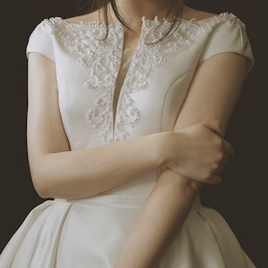 Satin Ball Gown - Beaded with Pearls on Neckline - Simple Wedding Dress - Princess Wedding Dress - Fairy Wedding Dress - Short Sleeved