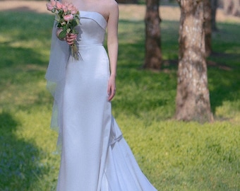 Simple Wedding Dress - Satin Wedding Dress, Off the Shoulder Bridal Gown - Wedding Dress with Bow - Trumpet Wedding Dress - Mermaid Gown