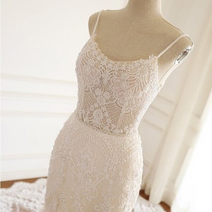 Mermaid Wedding Dress - Champagne Wedding Gown - Spaghetti Straps Wedding Dress - Lace Wedding Gown with Beadings- Sexy Trumpet Dress