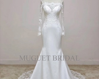 Off the Shoulder Sweetheart Long Sleeve Lace Satin Mermaid Wedding Dress - Fit and Flare Lace Long Sleeve Wedding Gown - Elegant Lace Gown