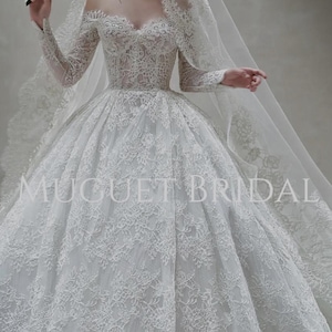 Ball Gown Full Lace Wedding Dress -  Lace Wedding Dress -  Sweetheart Off the Shoulder Wedding Gown - Long Sleeve Classic Lace Bridal Gown