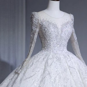 Sparkly Luxury Long Sleeve Beaded Ball Gown Wedding Dress - V Neck Bling Glam Wedding Dress - Princess Fairy Sparkly Sequins Wedding Gown
