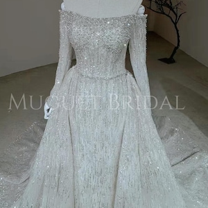 Champagne/Ivory Color Sparkly Off the Shoulder Wedding Dress - Fit and Flare - Long Sleeve Beaded Mermaid Wedding Gown