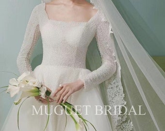 Minimalist Full Beaded Long Sleeve Simple Square Neckline A Line Wedding Dress - Simple A Line Pearl Beaded Wedding Dress - Pearl Beaded