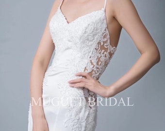 Sexy Spaghetti Strap Sweetheart Lace Soft Satin Mermaid Wedding Gown - See Through Lace Back Sexy Mermaid Wedding Dress - Beaded Lace Dress