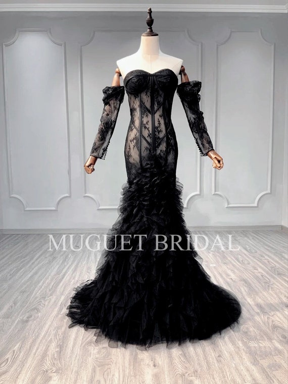 Elegant Black Mermaid Prom Dress Long Sweetheart High Slit Lace Appliq –  Flora Dress