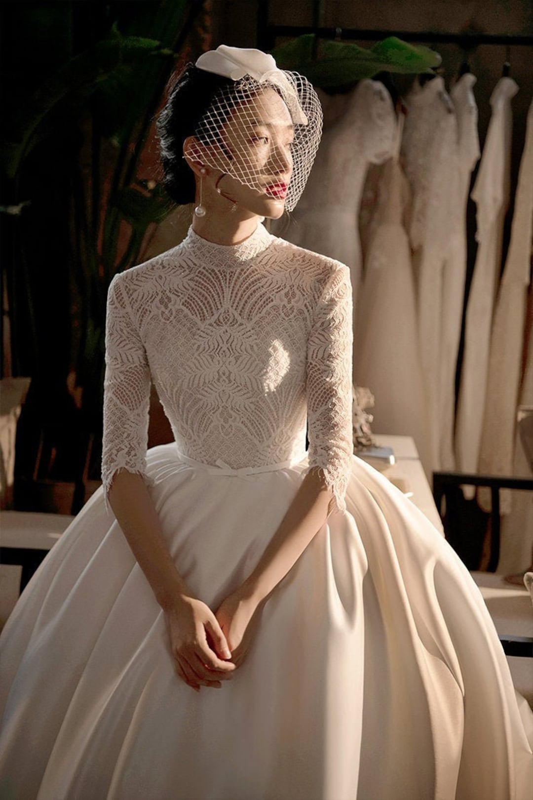 Modest Long Split Sleeve A-line Satin Wedding Dress - Xdressy