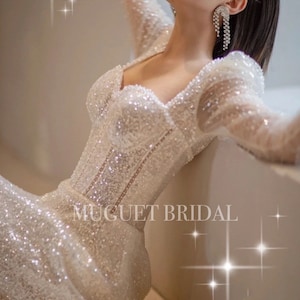 Elegant Long Sleeve Glitter Mermaid Wedding Dress- Fit and Flare Sparkly Wedding Dress- Glam Mermaid Wedding Gown - Simple minimalist