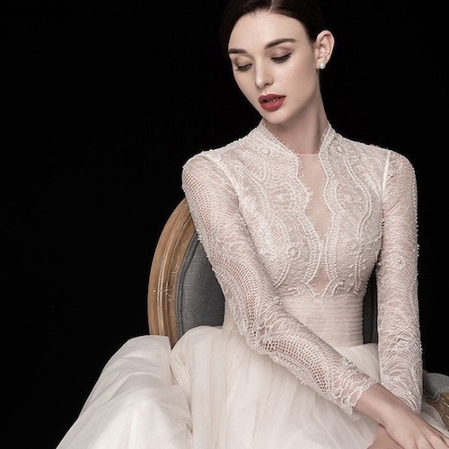grace kelly lace wedding dress Grace Kelly Wedding Dress - Long Sleeve Wedding Dress - High Collar Wedding Dress - Modest Wedding Dress - Ball Gown - Satin Wedding Dress