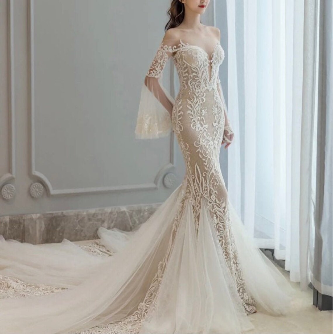 Lace Mermaid Long Sleeve Wedding Gown