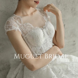 A Line Lace Wedding Dress - Short Sleeved - Sweetheart Wedding Dress - Ball Gown - Romantic Wedding Dress - Dreamy Wedding Dress -Long Train