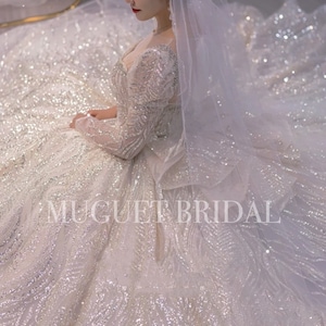 Luxury Sparkly Wedding Dress Ball Gown Wedding Dress Long Sleeve Wedding Dress Beadings Fairy Wedding Dress Princess Wedding Dress image 6