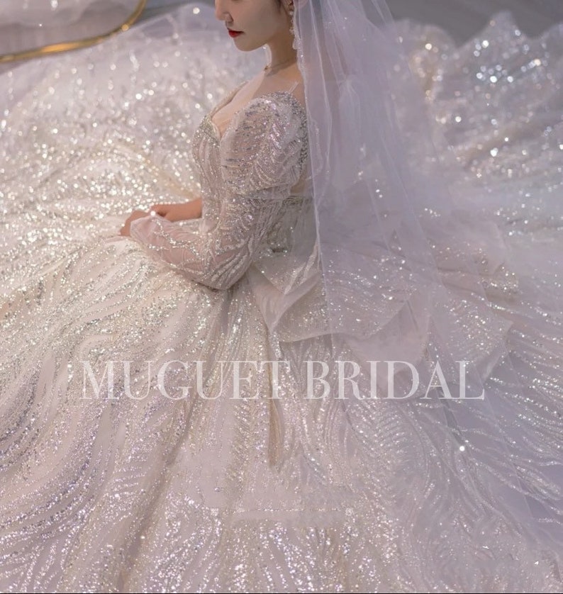 Luxury Sparkly Wedding Dress Ball Gown Wedding Dress Long Sleeve Wedding Dress Beadings Fairy Wedding Dress Princess Wedding Dress image 6