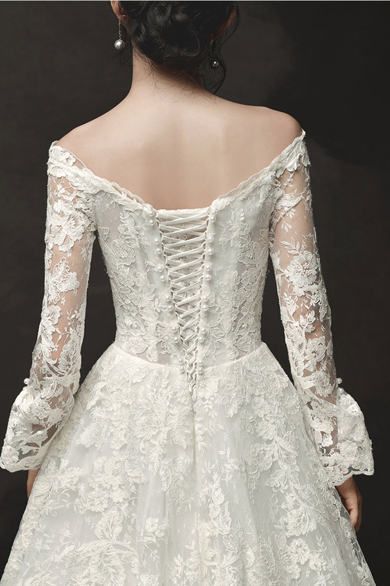 Lace Belt A-line Appliques Off The Shoulder Long Sleeve Wedding Dress