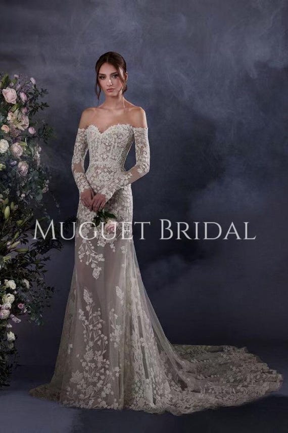 Mermaid Off the Shoulder Long Sleeve Wedding Dress - Mermaid Lace Bridal Gown - Fit and Flare Wedding Gown - Fitted Lace Wedding Dress