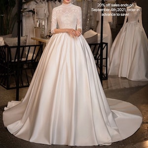 High Collar Wedding Dress - Long Sleeve Wedding Dress - Ball Gown - Lace Wedding Gown - Satin Skirt - Beaded Lace Top Ball Gown - Bridal