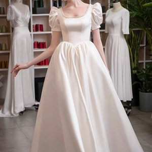 Vintage wedding dress, satin wedding dress with pearls, princess wedding dress, bridal gown, ball gown, wedding gown, round collar image 7