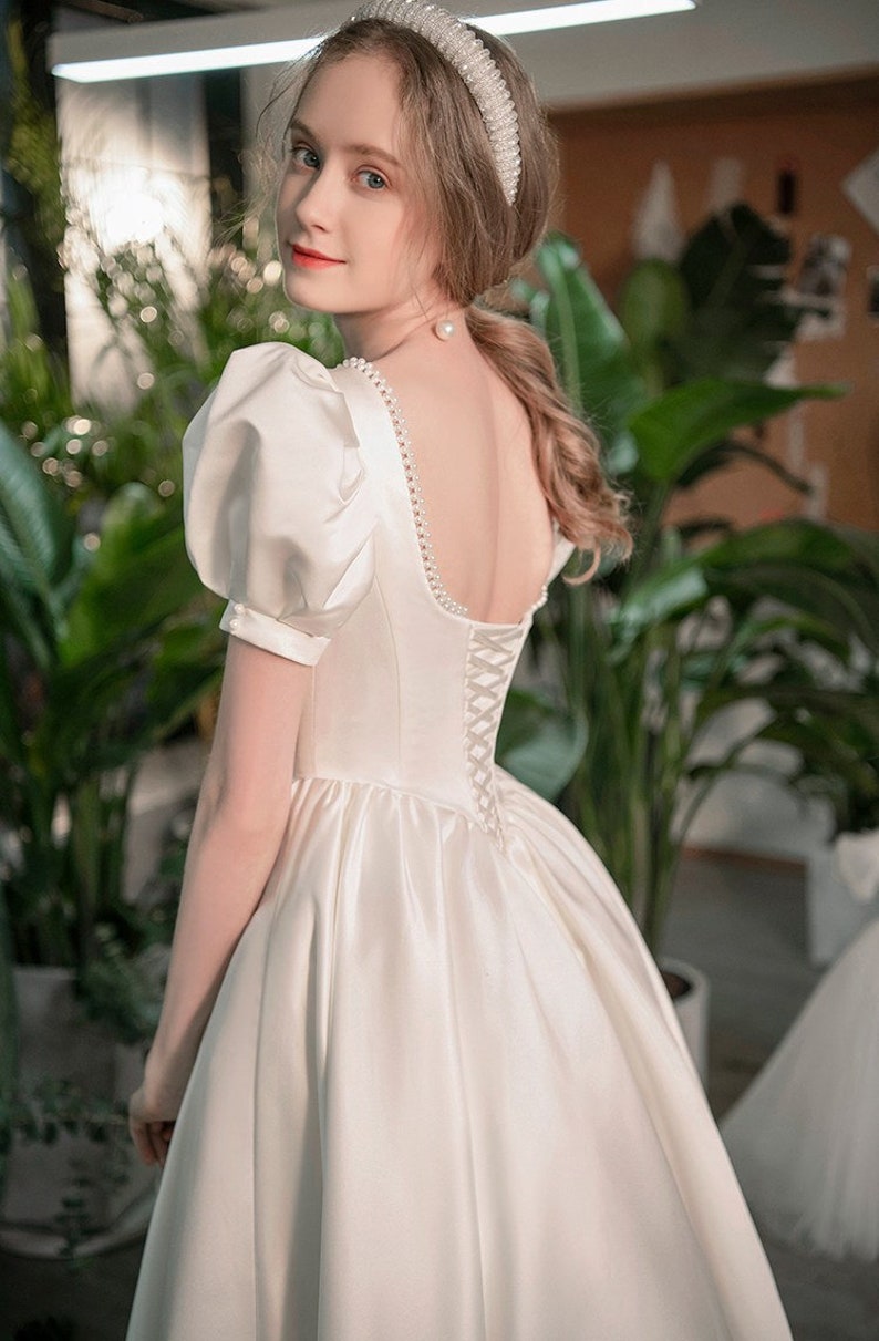 Vintage wedding dress, satin wedding dress with pearls, princess wedding dress, bridal gown, ball gown, wedding gown, round collar image 6