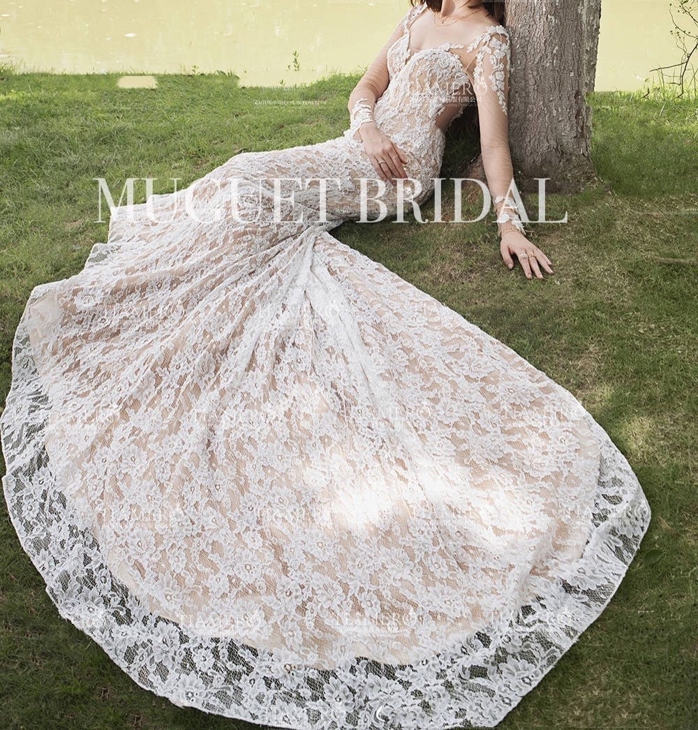 Long Sleeve Lace Mermaid Wedding Dress - Trumpet Sweetheart Wedding Dress -  Lace Fit & Flare Wedding Dress - Open Back Lace Wedding Gown - Etsy