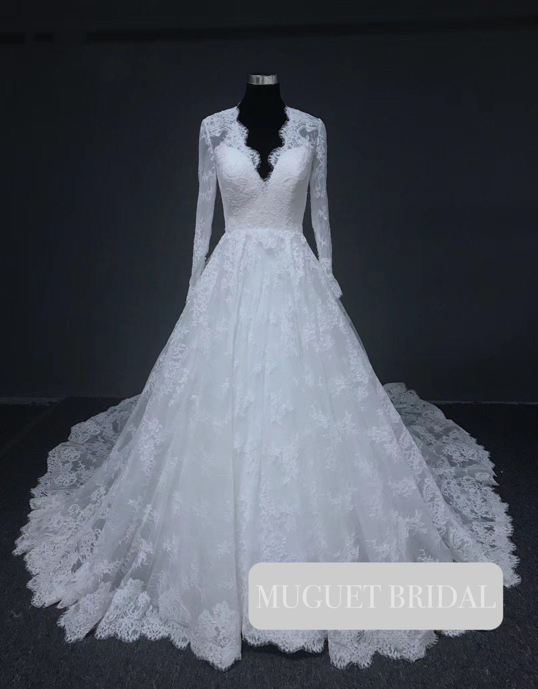 Classic Lace A Line Wedding Dress - V Neck Long Sleeve Lace Wedding ...