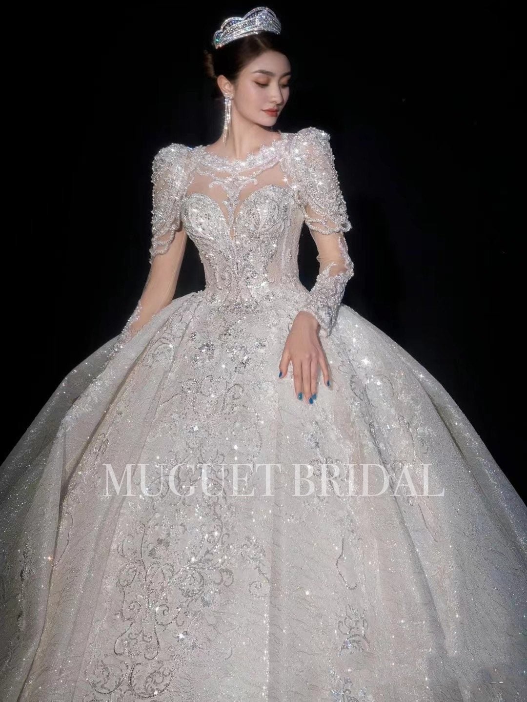 strapless open back dress Princess Wedding Dress with Illusion Sleeves,Tulle Outdoor Wedding Dress,WD00451, US6 / Ivory main image 0