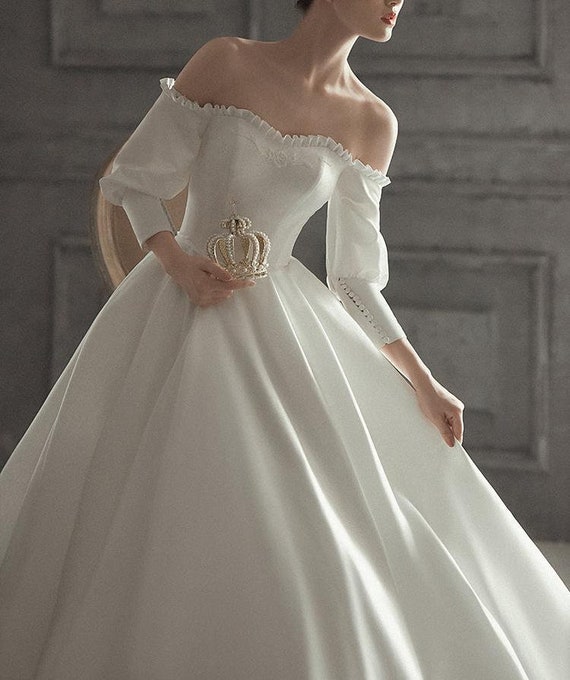 Off the Shoulder Wedding Dress - Satin Wedding Gown - Vintage Wedding Dress - Royal Style Wedding Dress - Long Sleeve Wedding Dress - Simple - Etsy Off the Shoulder Wedding Dress - Satin Wedding Gown - Vintage Wedding Dress - Royal Style Wedding Dress - Long Sleeve Wedding Dress - Simple - Etsy
