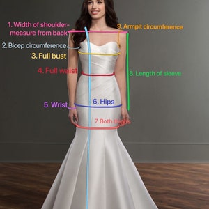 May include: Diagram showing how to measure different parts of the body for dressmaking. The diagram shows a woman wearing a white dress with various lines indicating where to measure. The measurements include: width of shoulder, bicep circumference, full bust, full waist, wrist, hips, both thighs, armpit circumference, and length of sleeve. The text also includes instructions on how to measure the length of the dress.