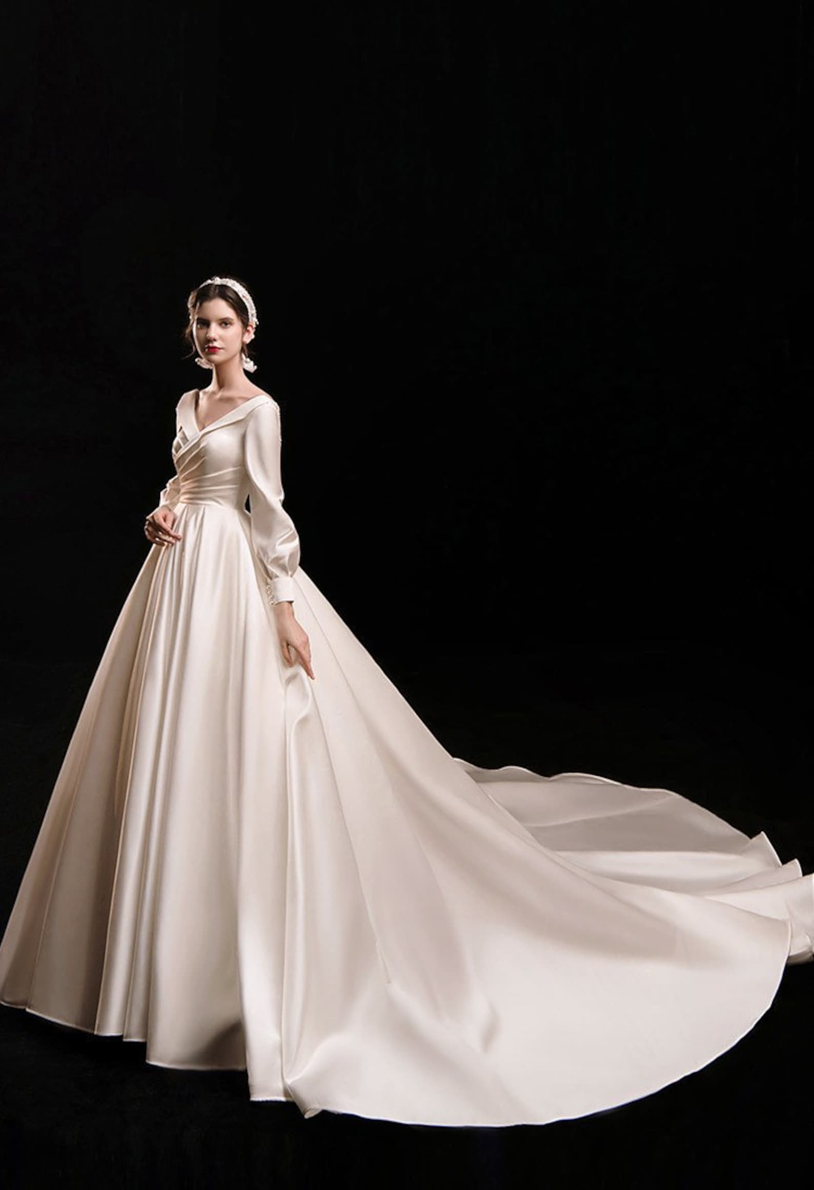 Satin Wedding Dress ball Gown Simple Wedding Dress Long Sleeve Wedding ...