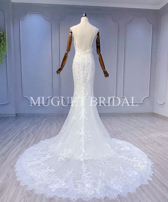 Sexy Deep V Lace Mermaid Wedding Dress Spaghetti Strap Full Lace