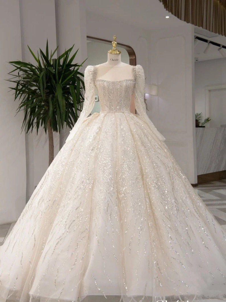 Luxury Sparkly Wedding Dress Ball Gown Wedding Dress Long Sleeve Wedding Dress Beadings Fairy Wedding Dress Princess Wedding Dress image 1