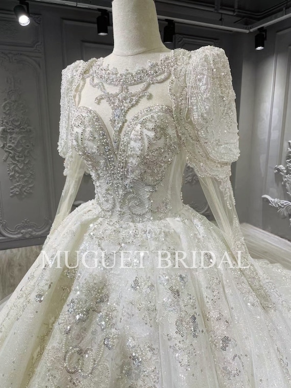 Luxury Fairytale Long Sleeve Beaded Wedding Dress Sparkly Lace Princess Ball Gown Wedding Dress Glam Illusion Neck Beaded Wedding Dress Etsy Canada