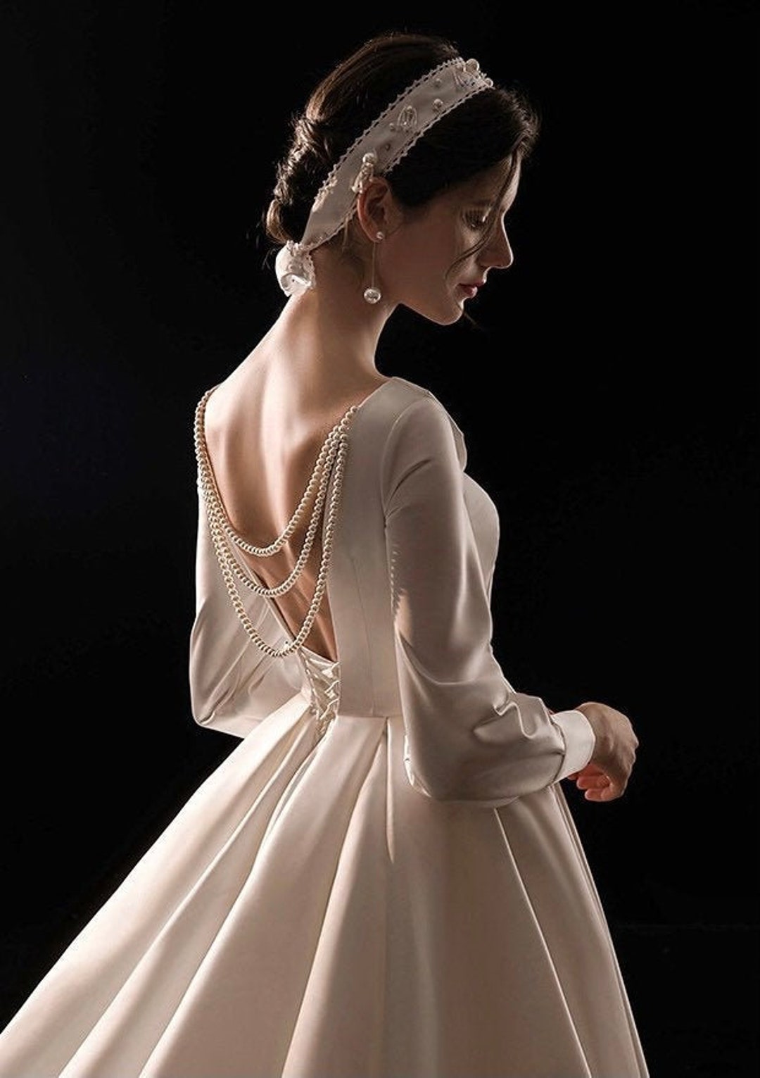 A-line V-neck Beaded Bodice Ivory Satin Wedding Dresses with Pocket SW –  SheerGirl