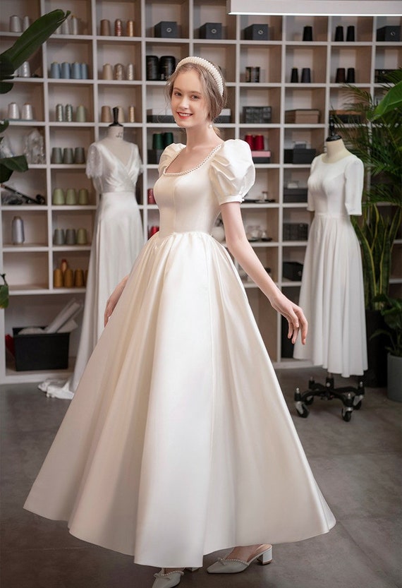 A-Line Off The Shoulder Sweep-Brush Train Satin Puff Sleeves Wedding Dress  CW3040 | Cocomelody