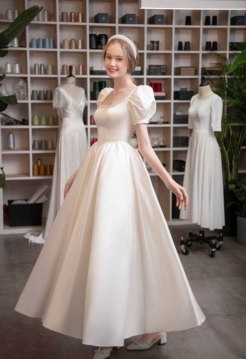 Vintage wedding dress, satin wedding dress with pearls, princess wedding dress, bridal gown, ball gown, wedding gown, round collar image 1