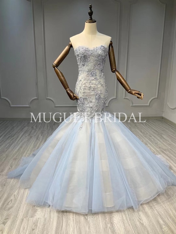 Blue Mermaid Beaded Wedding Dress Cinderella Blue Wedding Dress Trumpet Strapless Beaded Sparkly Mermaid Evening Dress Blue Sparkly Etsy Canada