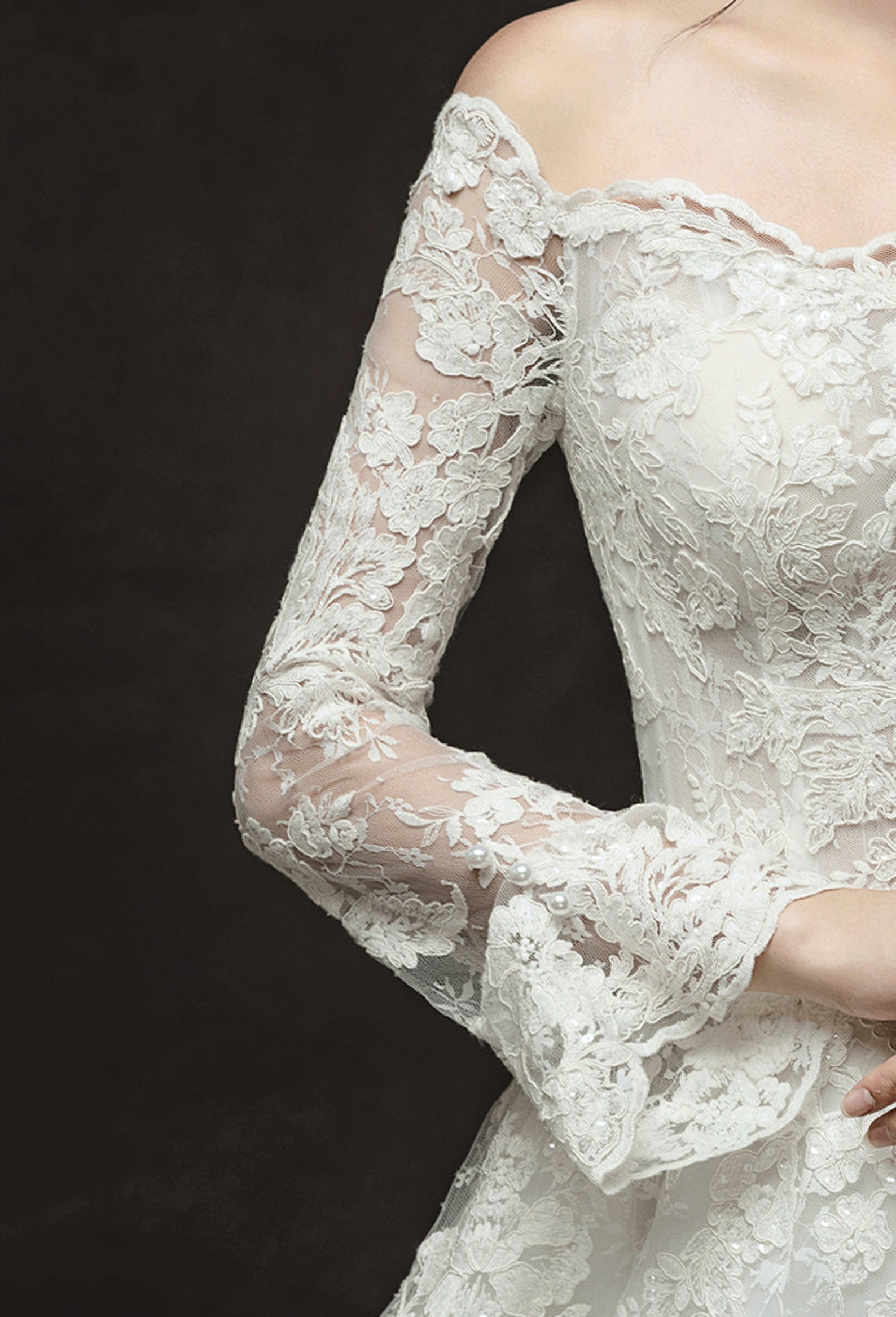 Elegant off-the-shoulder jewel cap sleeves a-line lace Wedding dress main image 0