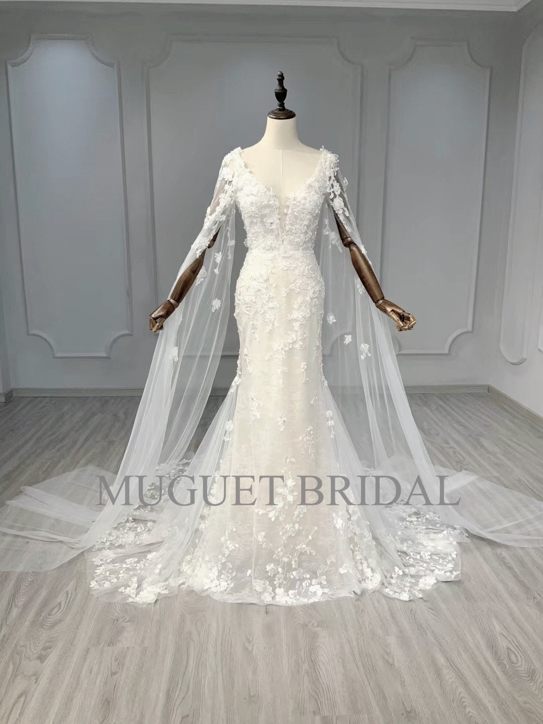 Deep V Lace Fit and Flare Wedding Dress - Lace Mermaid Wedding Dress -  Trumpet Lace Wedding Dress - Unique Long Sleeve Mermaid Wedding Gown - Etsy